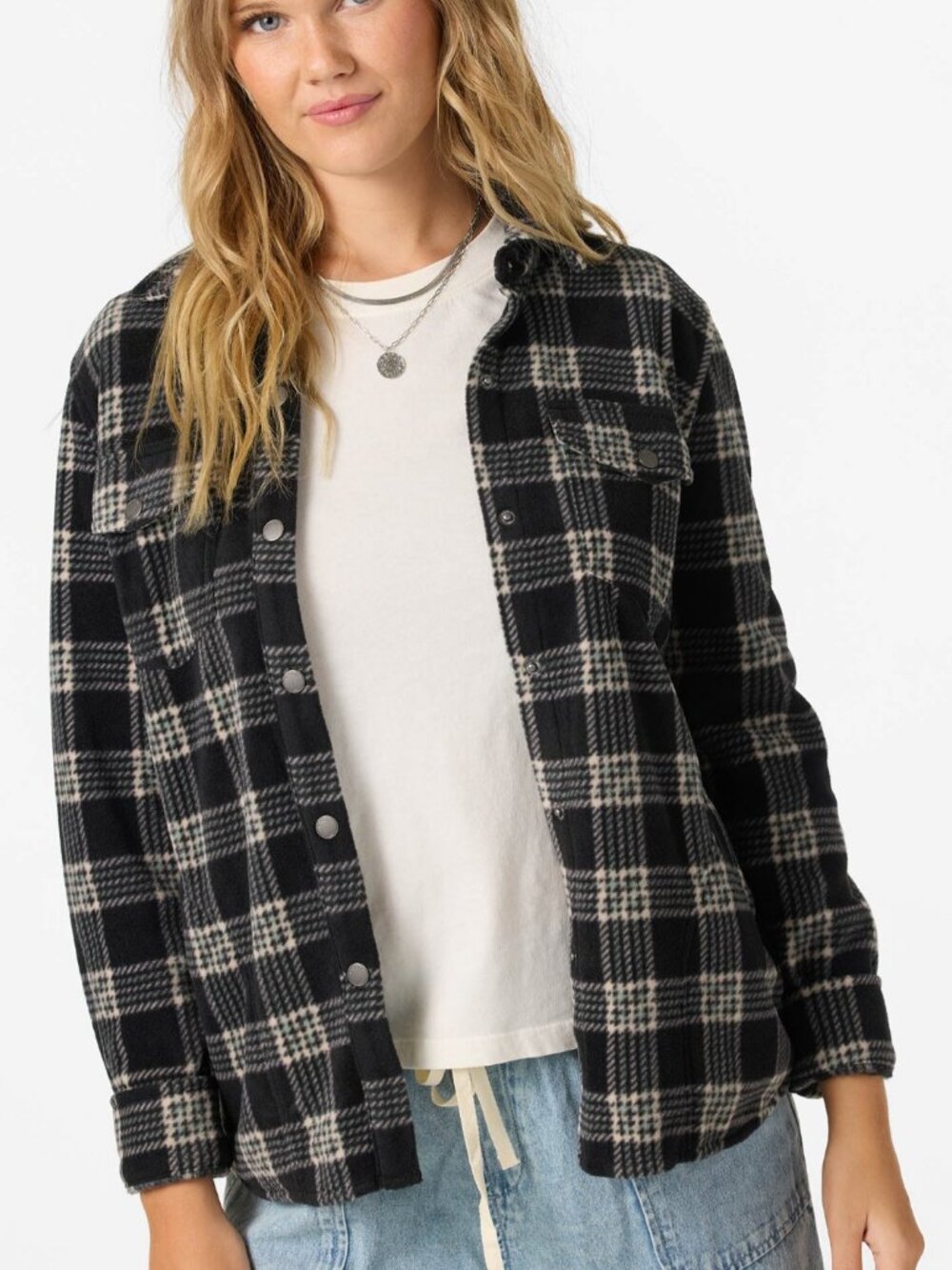 O'Neill Women's Zua Superfleece Long Sleeve Flannel in Black NWT